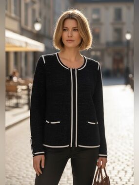 Escada Contrast Trim Metallic Threads Full Zip Knit Sweater Blazer Black XL